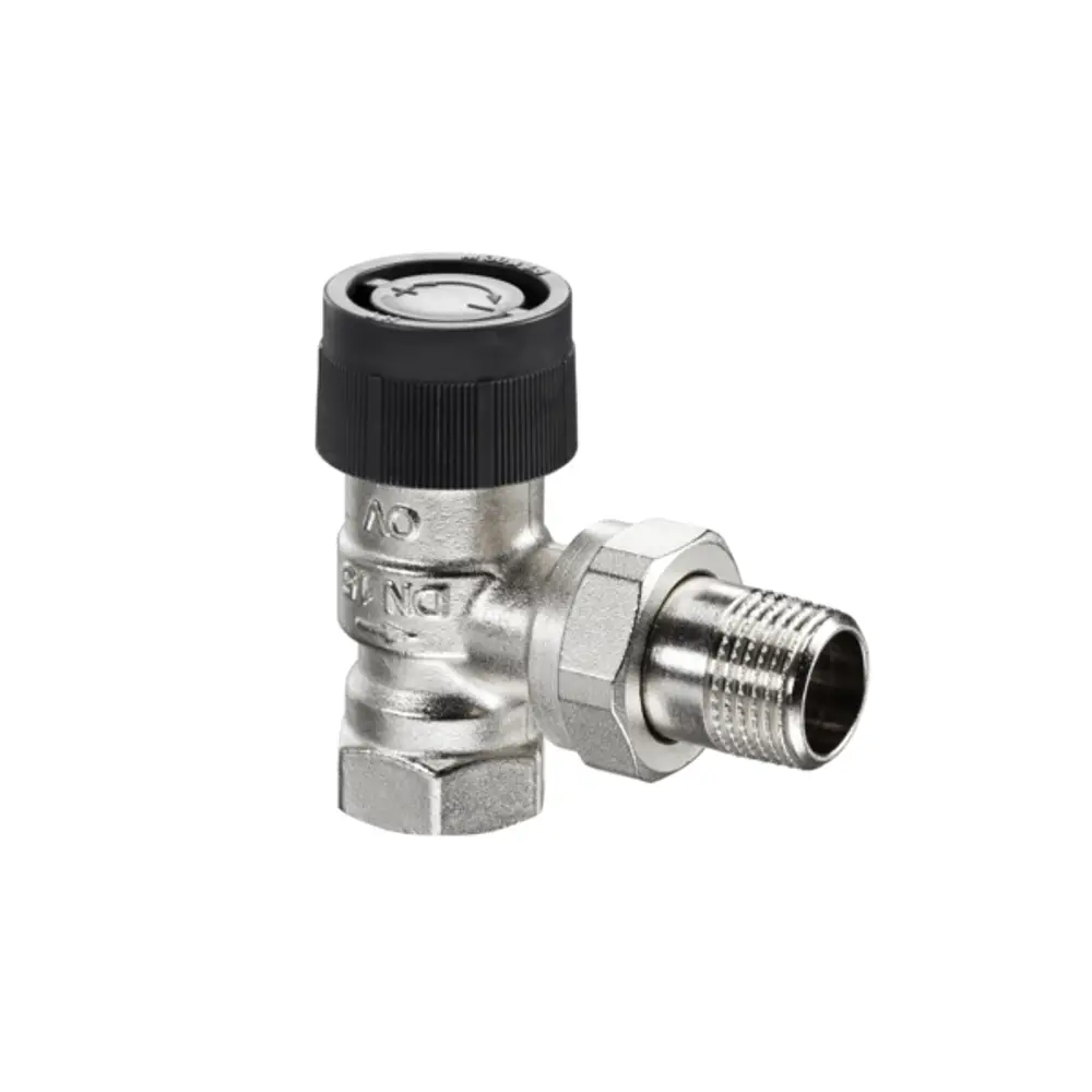 Thermostatventil von Oventrop, mit einer schrägen Bauform und verschiedenen Anschlussmöglichkeiten. Es ist aus Metall gefertigt und hat einen regulierbaren Kopf.